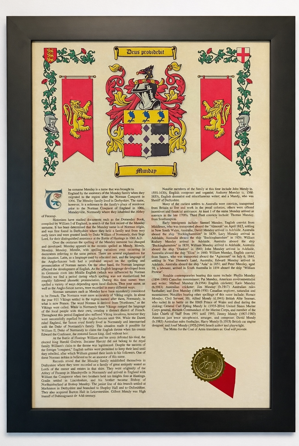 Framed Coat of Arms & History Print 11" x 17"